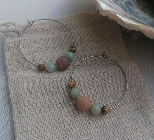 Peach Moonstone x Amazonite & Picture Jasper Hoop Earrings