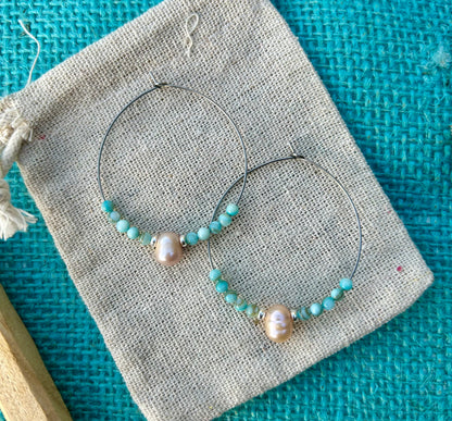 Teal Seashell x Pearl Hoop Earrings