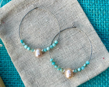 Teal Seashell x Pearl Hoop Earrings