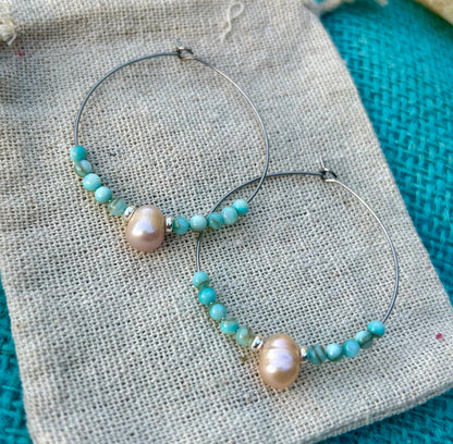 Teal Seashell x Pearl Hoop Earrings