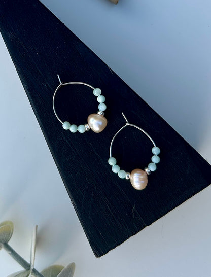 Pale Blue Seashell Hoop Earrings