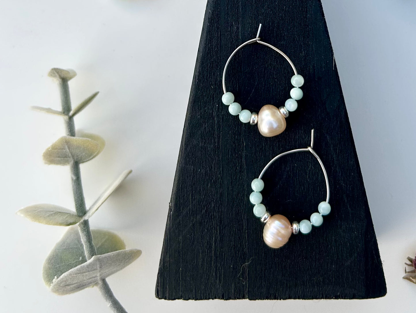 Pale Blue Seashell Hoop Earrings